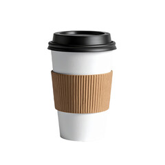 A white disposable coffee cup with a black lid and a brown paper sleeve.