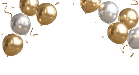3d render of Celebration banner with golden and clear balloons floating and confetti