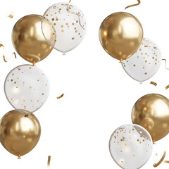 3d render of Celebration banner with golden and clear balloons floating and confetti