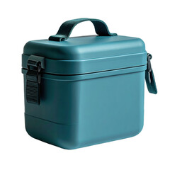 A teal, hard shell rectangular cooler with a handle and buckle strap.
