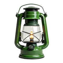 A green lantern with a lit bulb inside, featuring a classic design and metal handles.