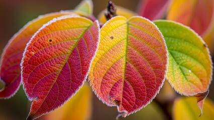 Vibrant autumn leaves in shades of red, orange, yellow, and green, showcasing nature's colorful seasonal change, with a focus on textured veins and edges with fall