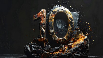 Digit '10' formed from dark, cracked stone and fiery orange elements, with a dramatic, shadowed background