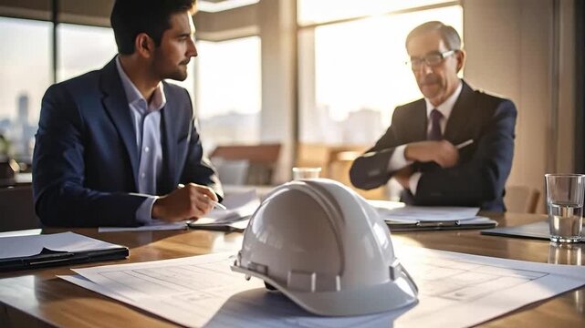 Two Architects Discuss Blueprints and Hard Hat on Table.
