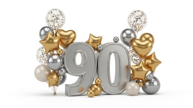 3D render of silver 90th number with gold and silver balloons for celebration