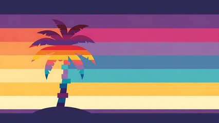 retro sunset palm tree silhouette against vibrant striped background evokes summer vacation and tropical travel for modern design projects.