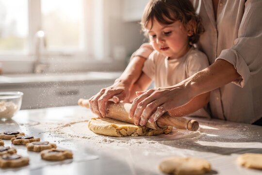 Woman and child roll out dough on table with flour. Happy family baking together for holiday. Homemade cookie preparation, cooking lesson, childhood activity. - Powered by Adobe