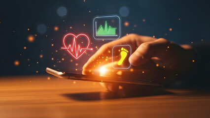 Hand interacting with mobile health monitoring technology icons