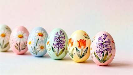 Dynamic spring-themed composition of colorful Easter eggs decorated with floral patterns
