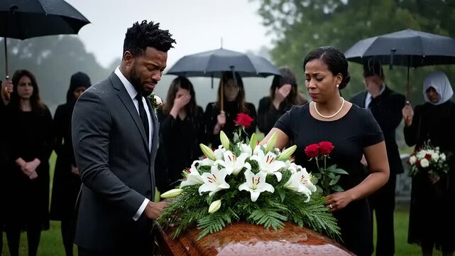Man and Woman Carrying Coffin at Funeral