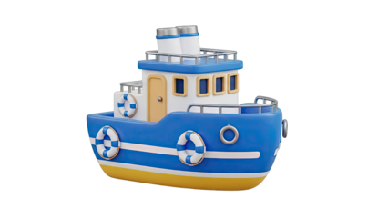Blue and yellow cartoon tugboat with life preservers