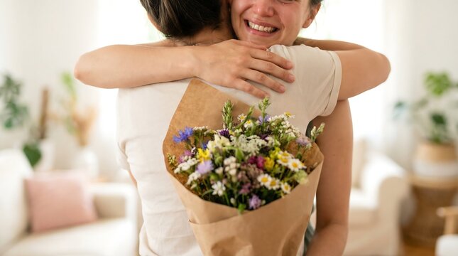 Happy caucasian woman receiving a bouquet of wildflowers and embracing another person. Mothers Day joy. Gift of love and appreciation.