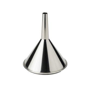A single, high-polish stainless steel funnel with precise geometric construction and soft gradient reflections, macro overhead view on a transparent background. Technical precision concept