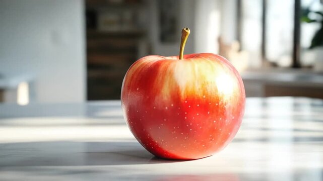 Vibrant red apple with a stem, brightly lit on a white marble surface indoors