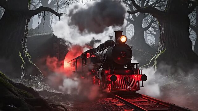 Mysterious Steam Train Journeying Through Dark Forest with Fog and Red Lights.