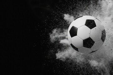 Naklejka premium Dramatic black and white soccer ball exploding with powder football monochrome powder explosion