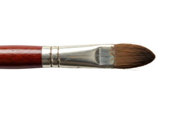 A high-end artist's paintbrush with a mahogany handle and worn ferrule isolated on a white background with a soft shadow. Concept of artistic craftsmanship