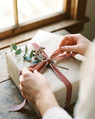 Woman carefully tying a velvet pink ribbon around a rustic gift box with eucalyptus, ideal for a special occasion present.