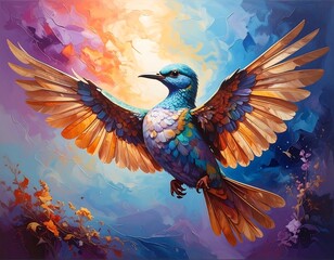 Obraz premium Vibrant painting of a bird with outstretched wings in front of colorful background