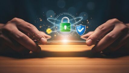Hands holding smartphone with secure padlock and shield icons