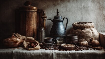 Rustic coffee arrangement with vintage elements in soft, textured lighting