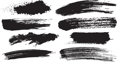 Black dried paint splattered in dirty style. Isolated black ink stencils for graphic design, text Vector scratches rough white background brush strokes modern black hand painted grunge brush stroke