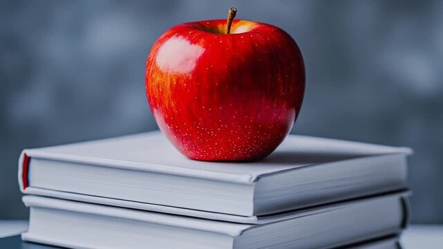 A vibrant red apple with a stem rests on a stack of white books against a blurred gray background