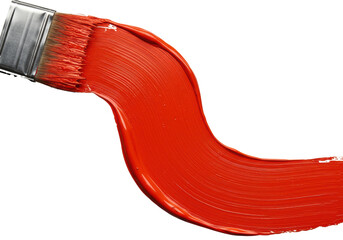 A professional artist's flat paintbrush sweeps a glossy, viscous streak of red paint across a transparent background. Concept of dynamic artistic creation