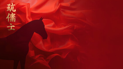 Red Petal Background With Silhouette Of Horse Head And Oriental Calligraphy