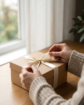 Woman opening or closing gift box with ribbon. Holiday present concept. Craft package on wood table for celebration greeting card.