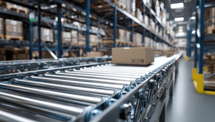 Warehouse conveyor belt with stacked boxes