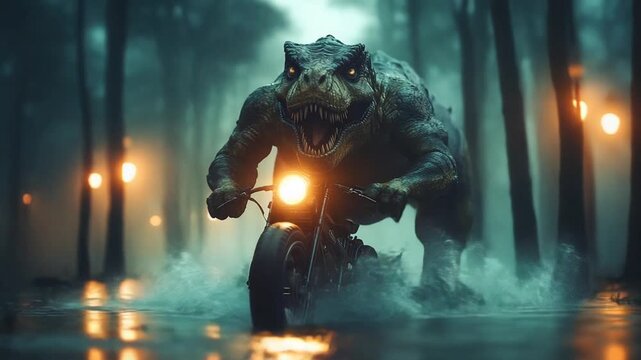 Muscular Tyrannosaurus Rex Biker on a Motorcycle at Night.