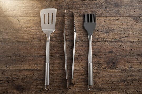 Barbecue tools including spatula, tong, and brush. Cooking utensils for outdoor grilling. Metal grill accessories for kitchen or barbecue.