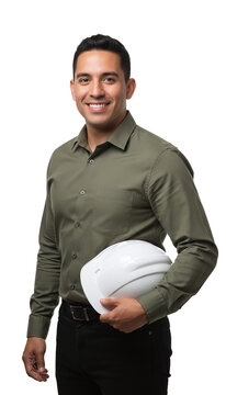 Confident Brazilian Male Civil Engineer or Architect Holding White Hard Hat