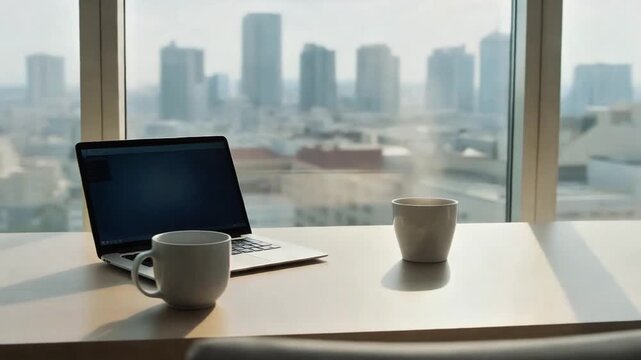 Meja kerja dilengkapi laptop serta dua gelas kopi yang siap menemani di kantor 