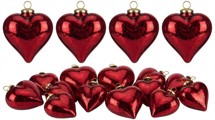 Red heart glass ornaments collection romantic valentine decoration shiny love symbols isolated on white background festive set