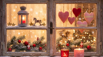 Valentine’s Day cozy window decor with hanging fabric hearts lantern candles winter love celebration festive background