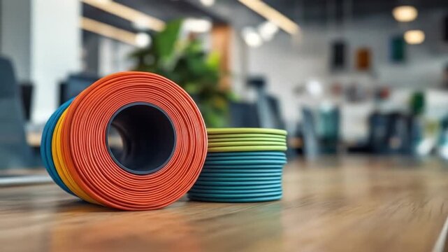 Vibrant 3D printing filament spools and rings on wood desk, blurred modern office