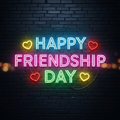 Obraz premium Brightly illuminated neon text celebrating camaraderie glows against a dark brick wall background