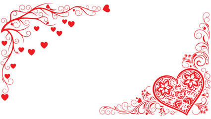Valentine's day decorative heart frame with red flowers and swirling vines on white background for love and romance
