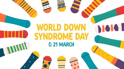 World down syndrome day background with colorful socks. Yellow and blue typography. Lots of socks campaign symbols. Poster, banner template vector illustration