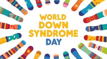 World down syndrome day background with colorful socks. Yellow and blue typography. Lots of socks campaign symbols. Poster, banner template vector illustration