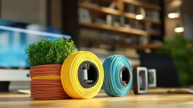 Vibrant spools of cables and lush plants on a desk in a blurred, modern workspace