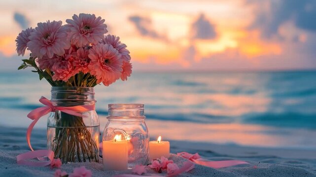 Pink flowers, candles, ribbons on sand at sunset by ocean, creating a romantic ambiance