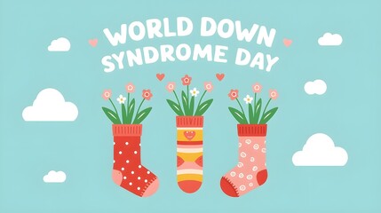 World Down syndrome Day socks poster. Colorful patterned knee socking with beautiful flowers. 21 March. Trendy ornaments. Hosiery and plants. Chromosome congenital disease. Vector concept