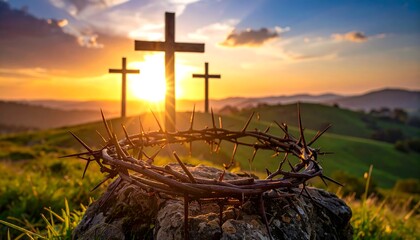 A sunset scene features three wooden crosses on a hilltop, with a thorny crown in the foreground, illuminated by the setting sun