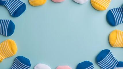 World Down syndrome day background. Down syndrome awareness concept. Socks on blue background