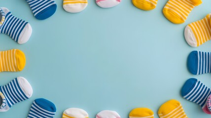 World Down syndrome day background. Down syndrome awareness concept. Socks on blue background