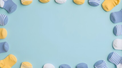 World Down syndrome day background. Down syndrome awareness concept. Socks on blue background