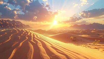 A sweeping vista showcases a desert landscape under a radiant, sunlit sky with cloud formations and rolling sand dunes